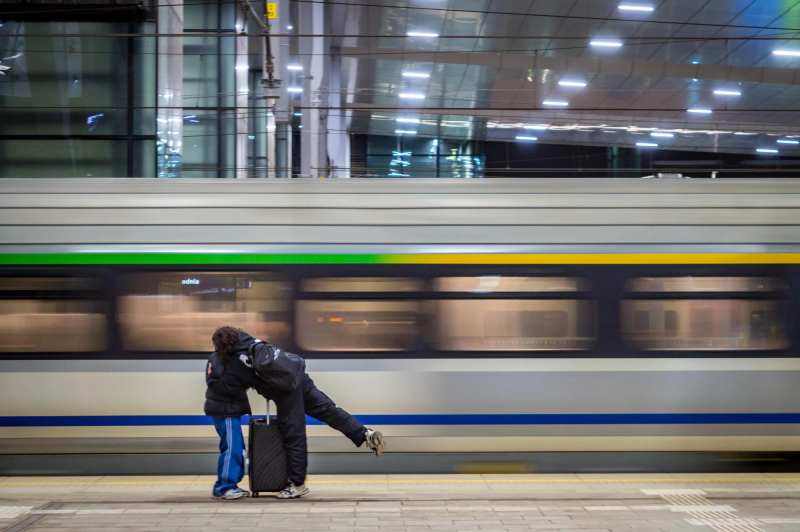 Photograph titled: train station hug